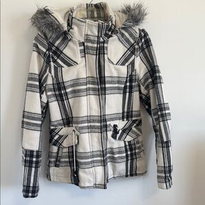 Plaid Hooded Women's Jacket - Black and White (Removable fur Hood)